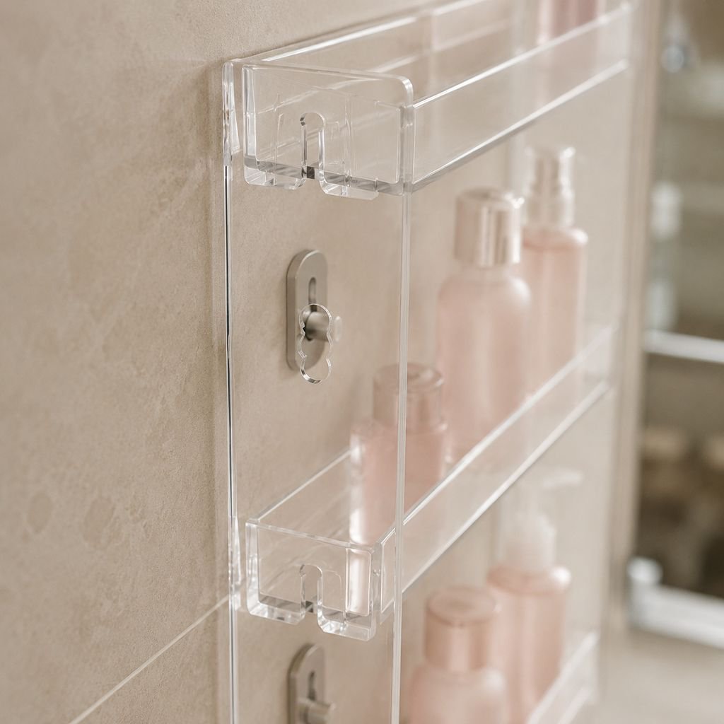 Acrylic shelf displaying action figures in bathroom
