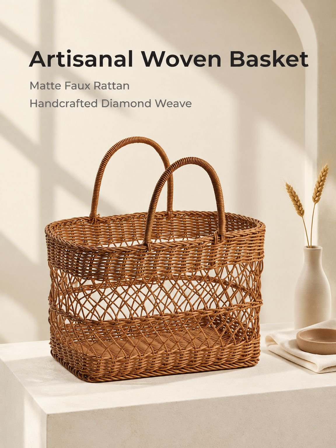 Imitation Rattan Outdoor Picnic Basket, Portable Handheld Shopping Basket