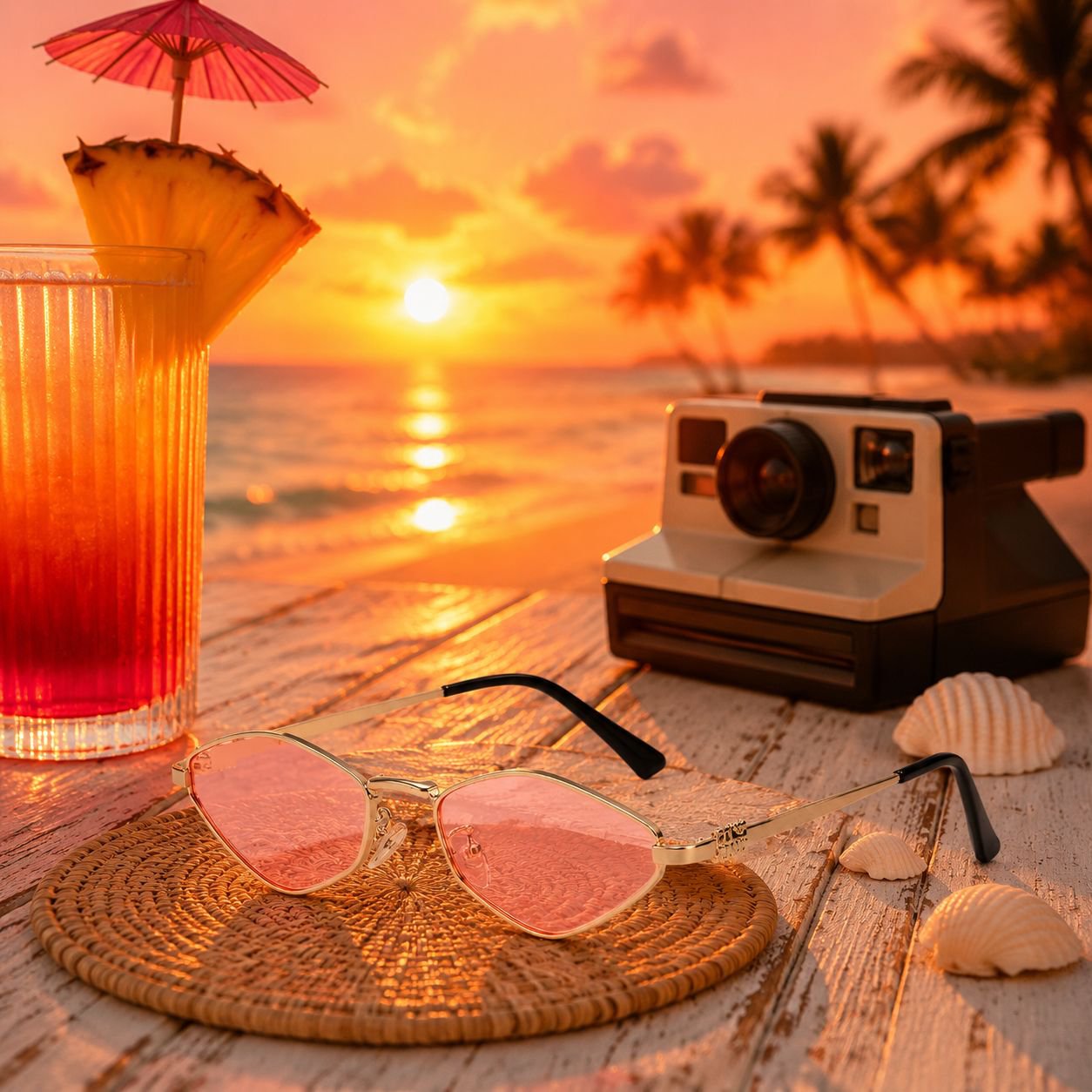 Front view of metal polygonal ocean-themed women's small square sunglasses