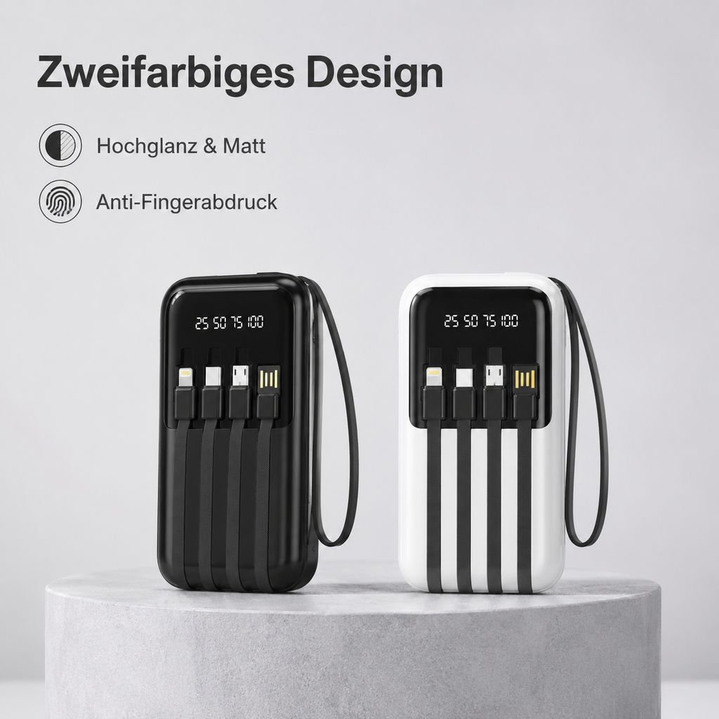 Powerbank mit 20000mAh und vier integrierten Ladekabeln
