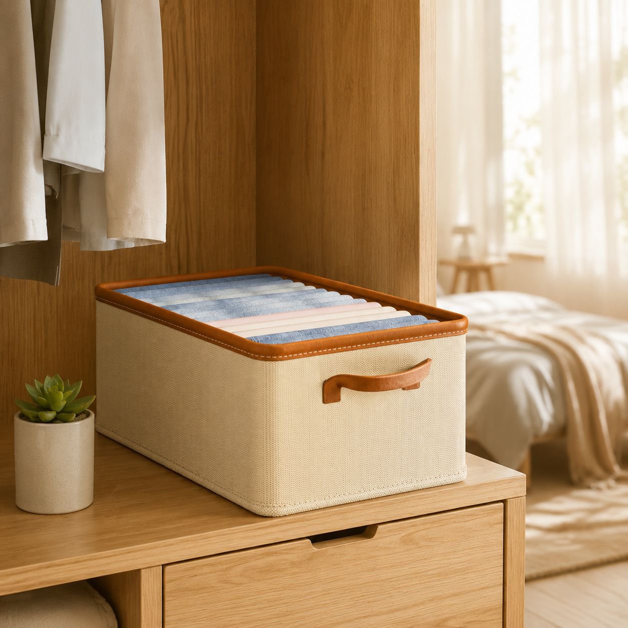 Collapsible Garment Organizer Bin in modern closet