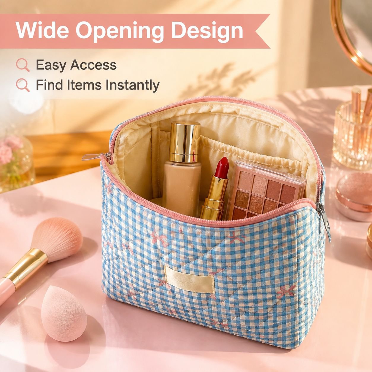 Large Capacity Plaid Makeup Bag for Students Portable Travel Toiletry Organizer