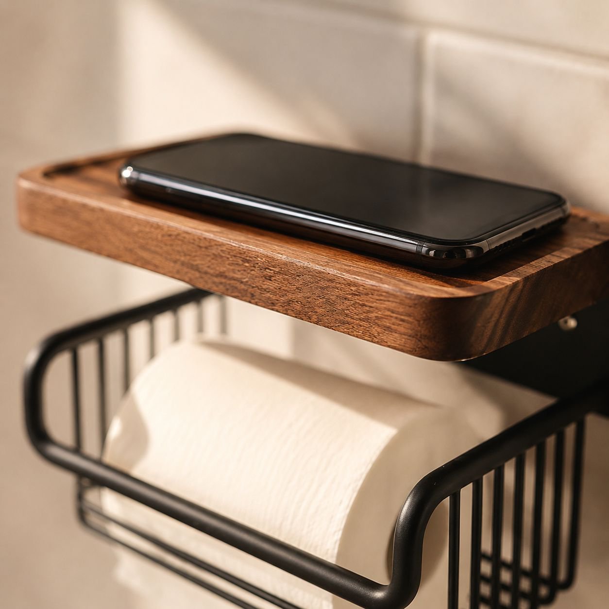 Close-up of wooden toilet paper holder and storage drawer