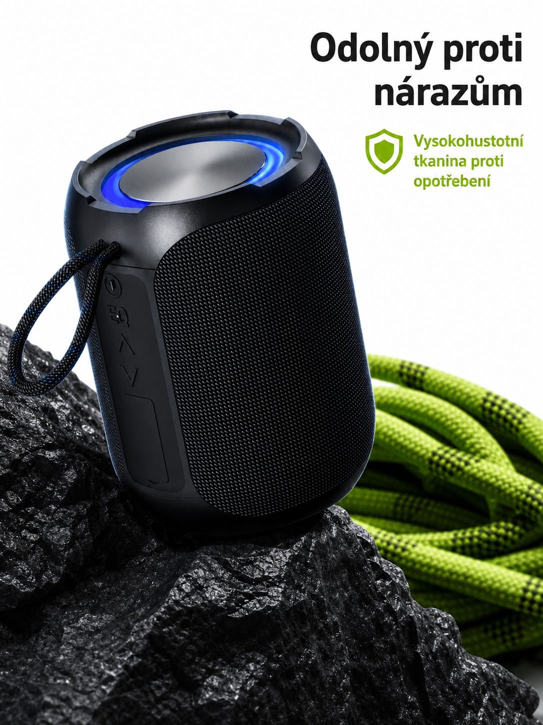 Detailní záběr na ovládací tlačítka Bluetooth reproduktoru