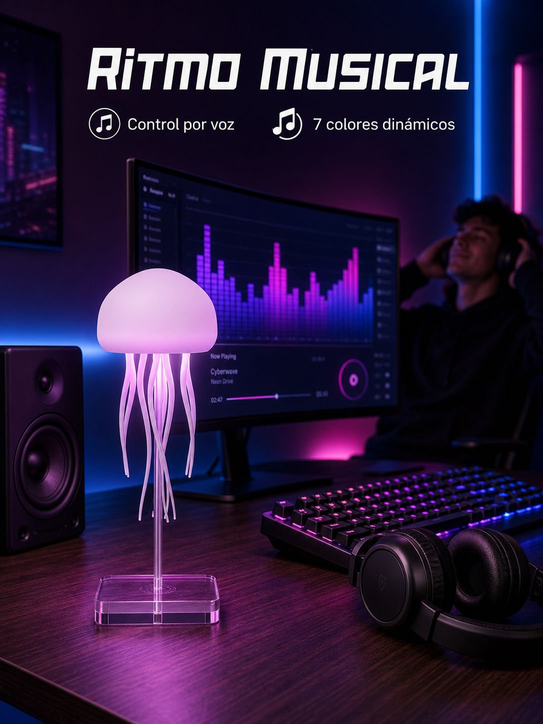 Lámpara de medusa con control de sonido y colores degradados