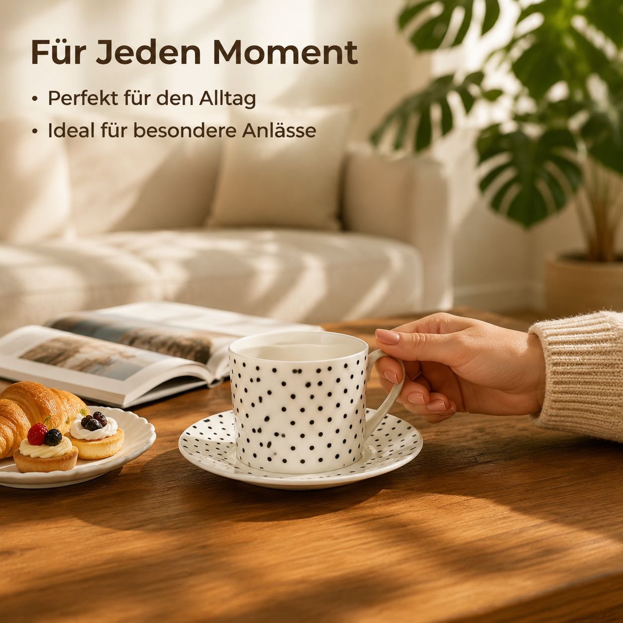 Knochenporzellan-Kaffeetassen- und Untertassen-Set mit schwarz-weiss geometrischem Design