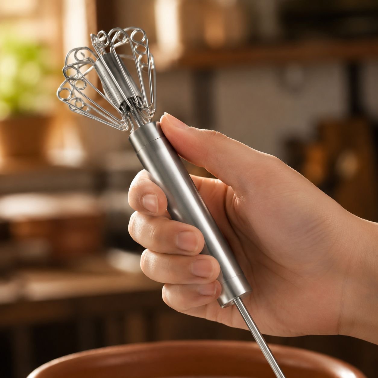 Batidor manual mezclando ingredientes en un bol