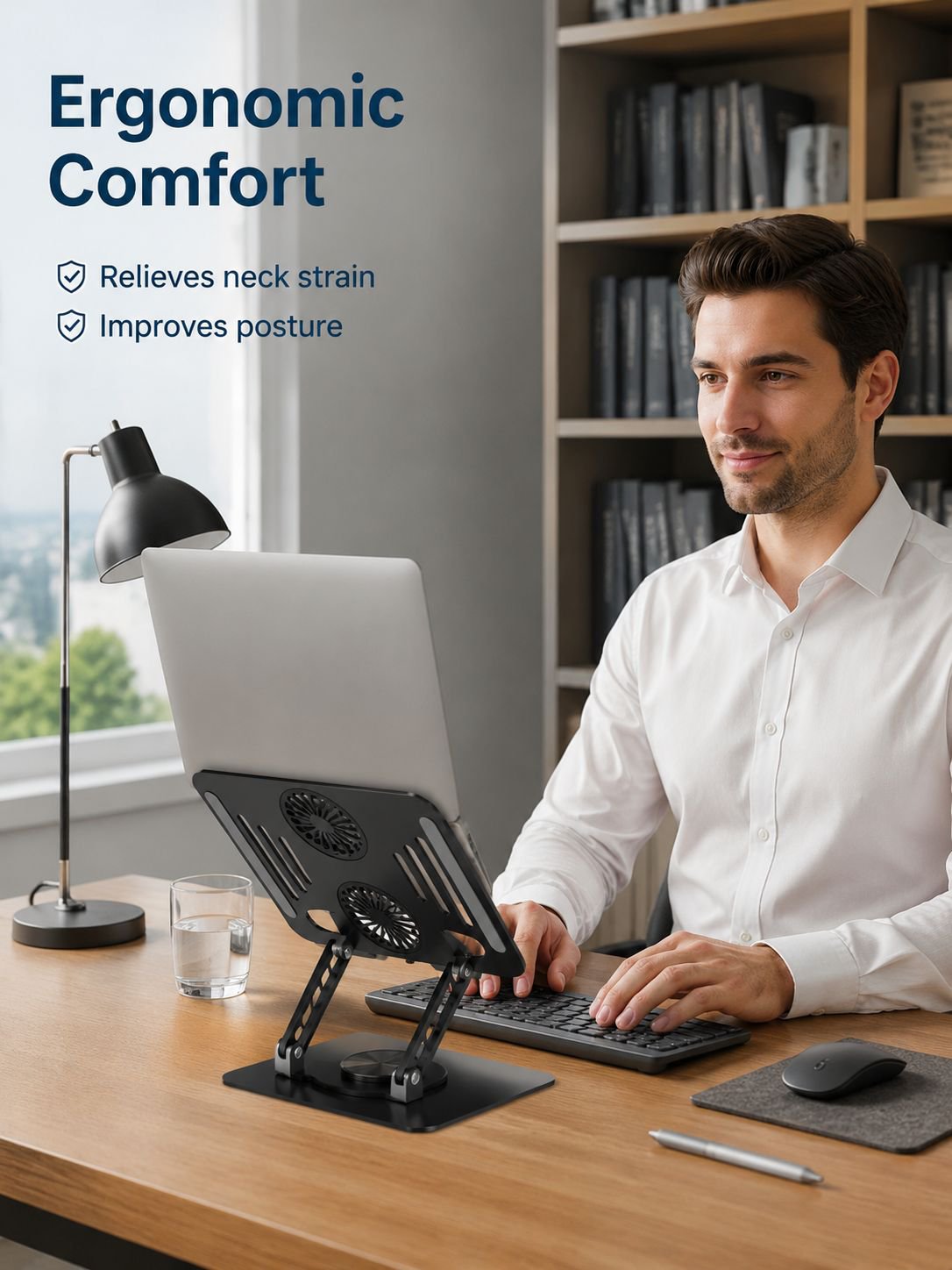 Dual-fan Hollow Cooling Laptop Stand, Portable Foldable Carbon Steel Height-Adjustable Support