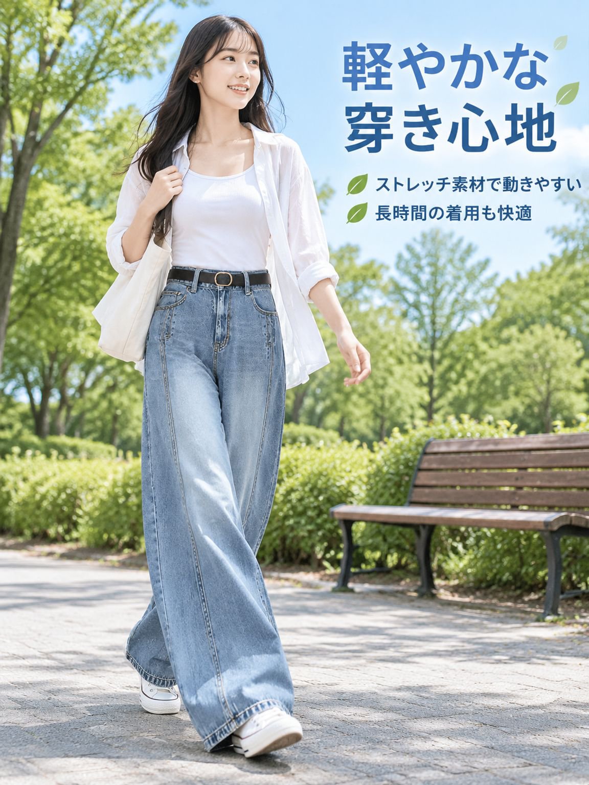 着痩せして見える、落ち感のあるデニムパンツ