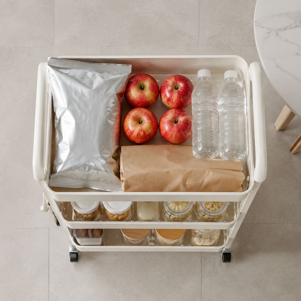 Baby items neatly arranged on small storage rack