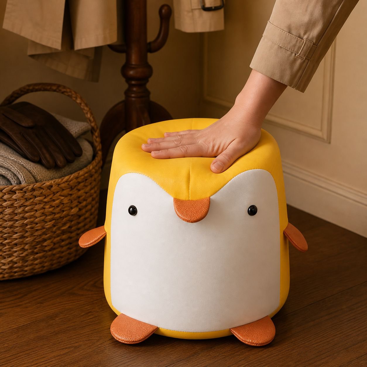 Close-up of penguin poop shaped novelty wooden stool