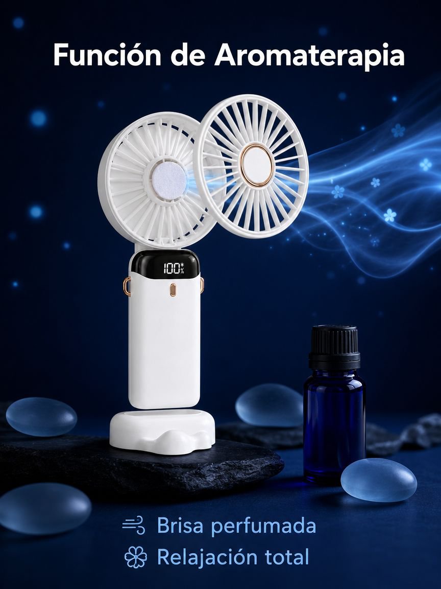 Mini ventilador portátil de mano USB con aromaterapia, silencioso, plegable y pantalla digital