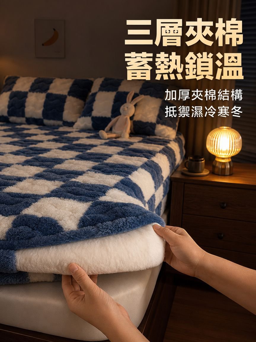 北極絨床單棋盤格抗菌防滑床罩