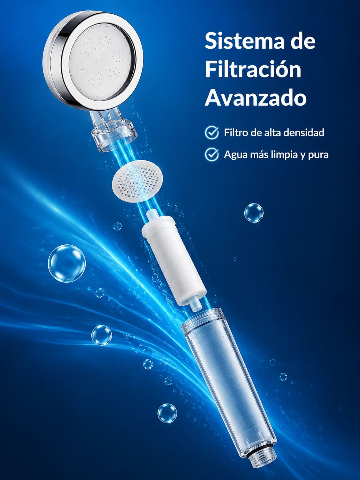 Cabezal de regadera con filtro y aumento de presión instalado