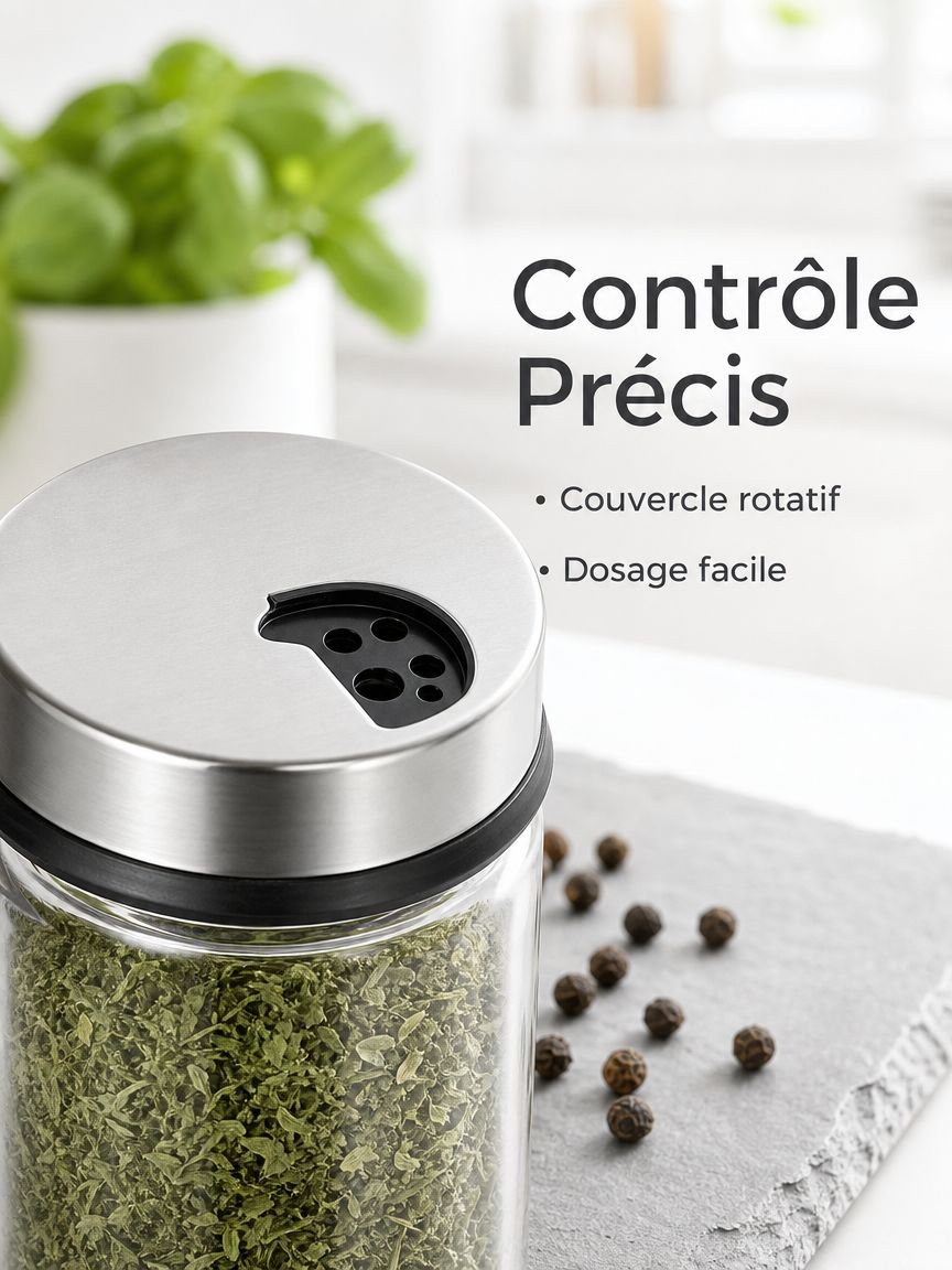 Boîte à épices rotative en verre résistant à la chaleur avec couvercle en acier inoxydable