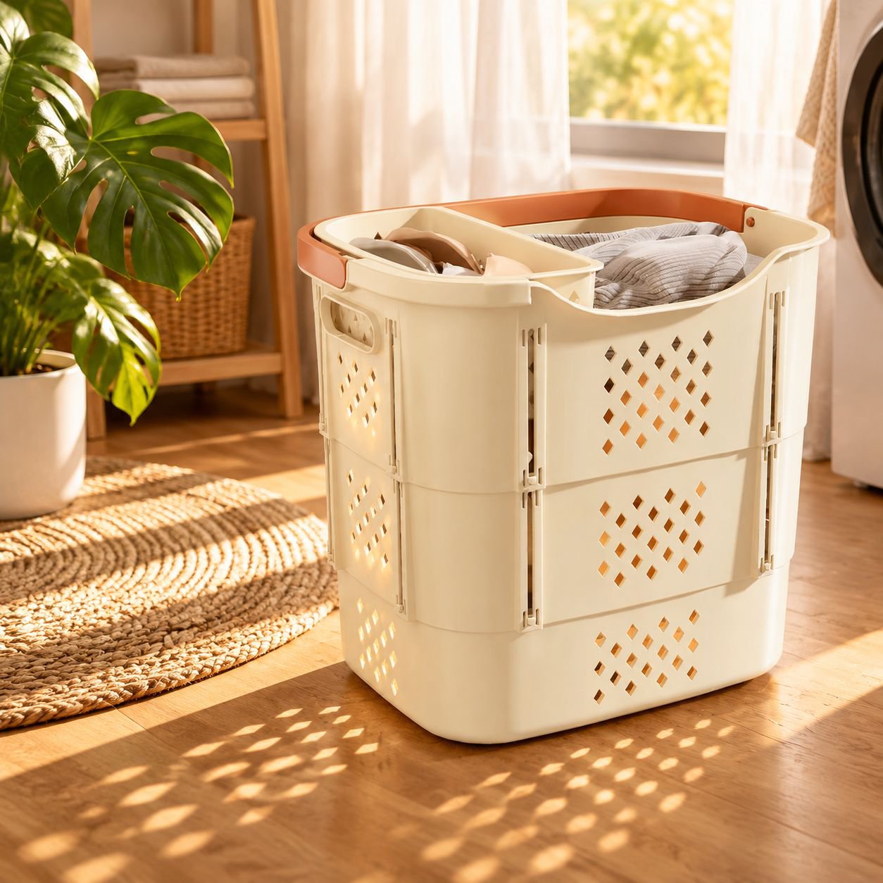 Space-saving stackable storage baskets in a wardrobe
