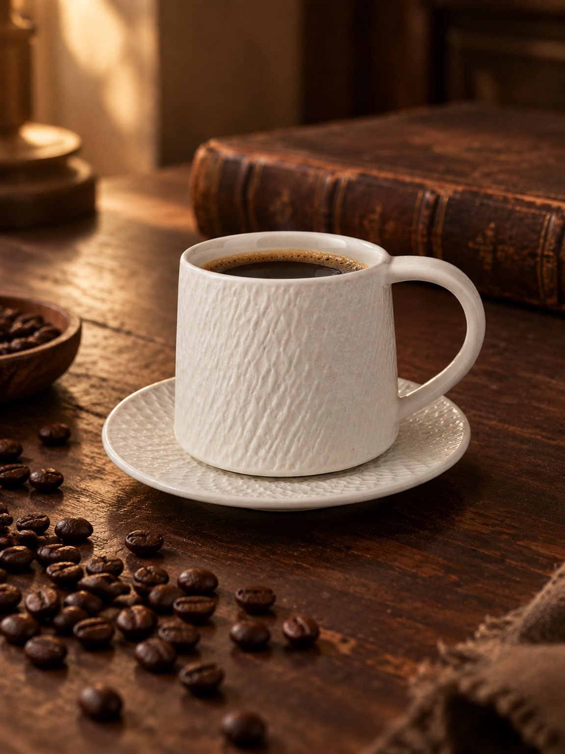 Premium vintage-style stoneware coffee cup and saucer set