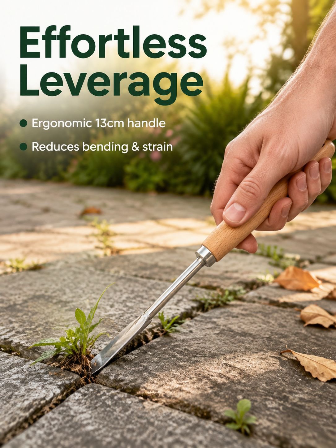 Gardener using right-angle manual weed remover in flower bed