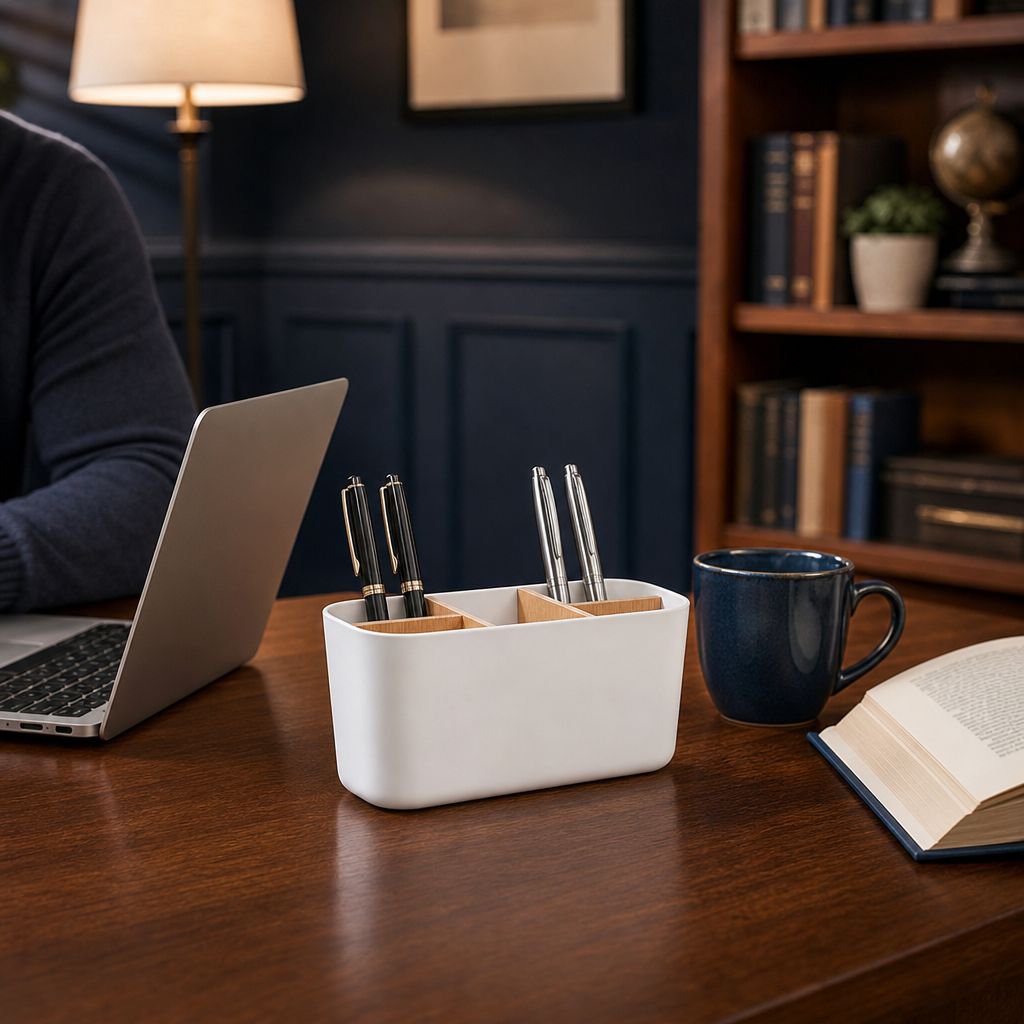 Stylish bamboo desk organizer with compartments
