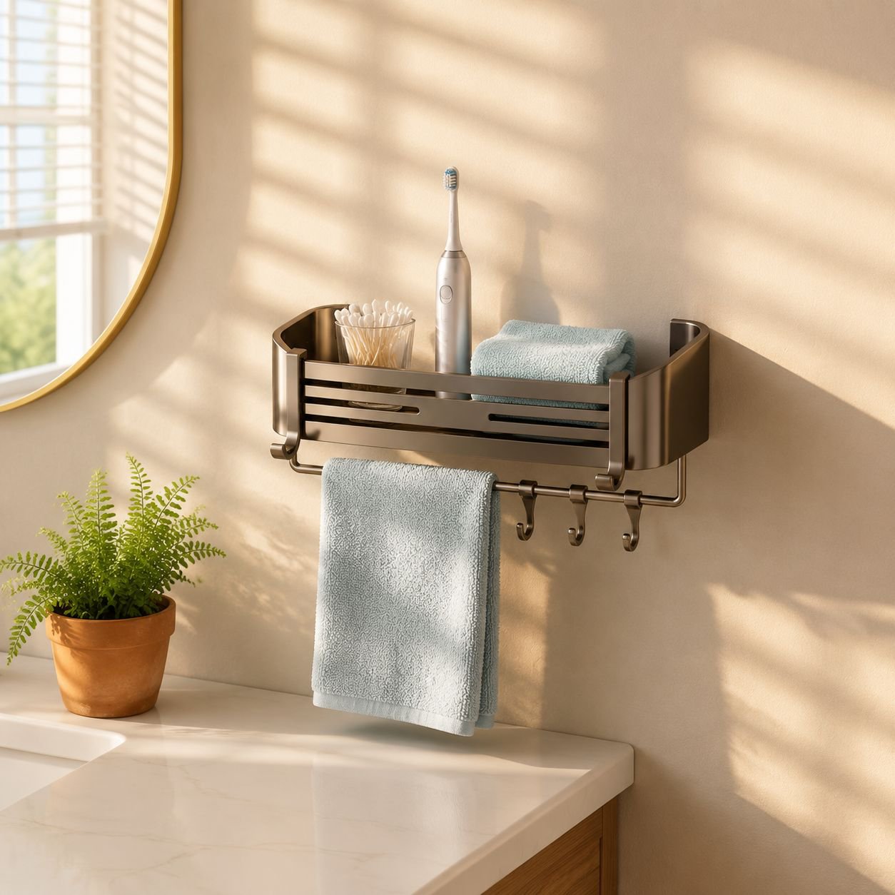 JMY bathroom storage rack in use with daily essentials