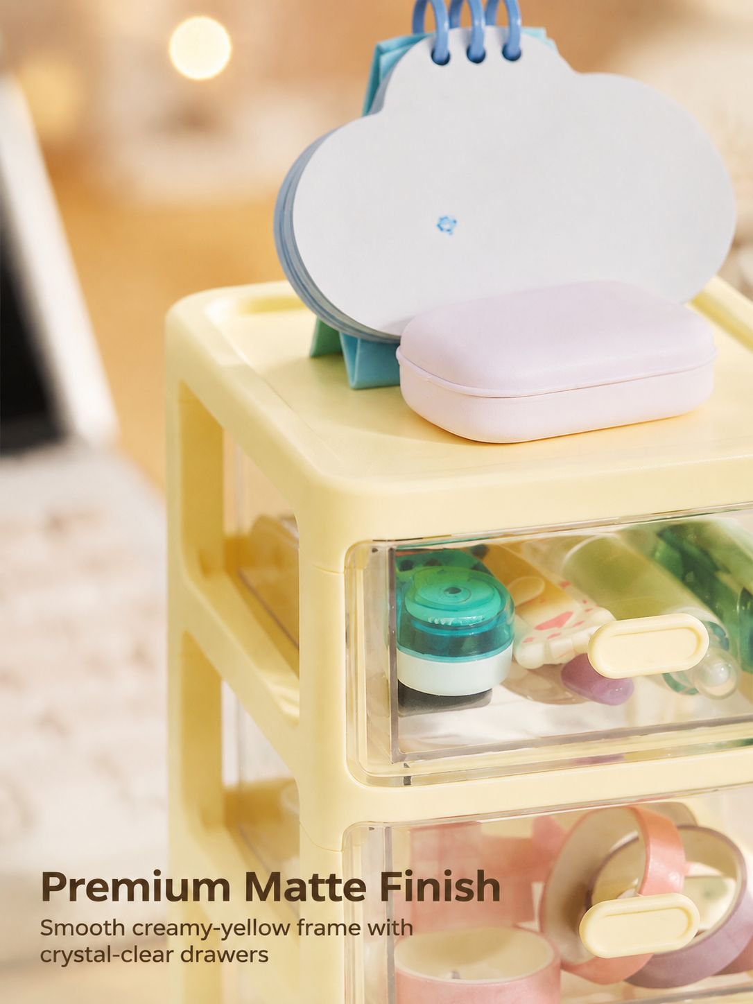Desktop organizer box on a tidy home office desk