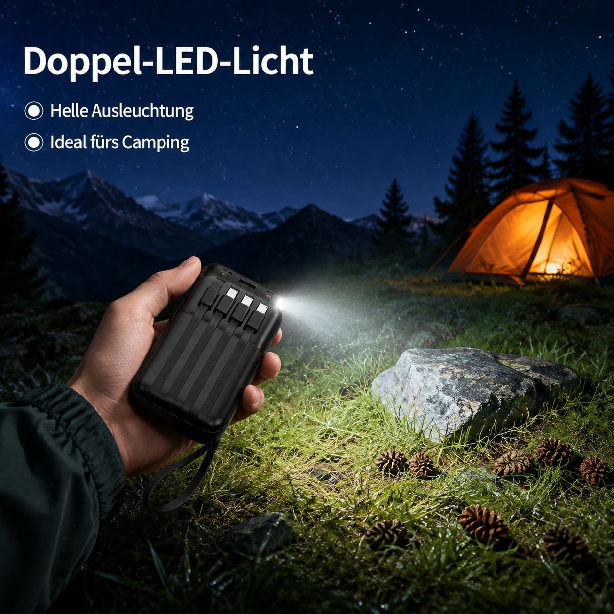 Powerbank mit 20000mAh und vier integrierten Ladekabeln