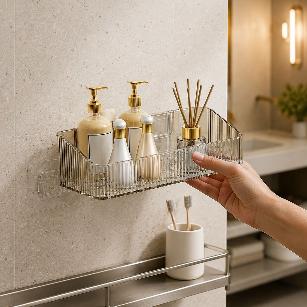 Easy-to-install bathroom storage caddy in modern bathroom