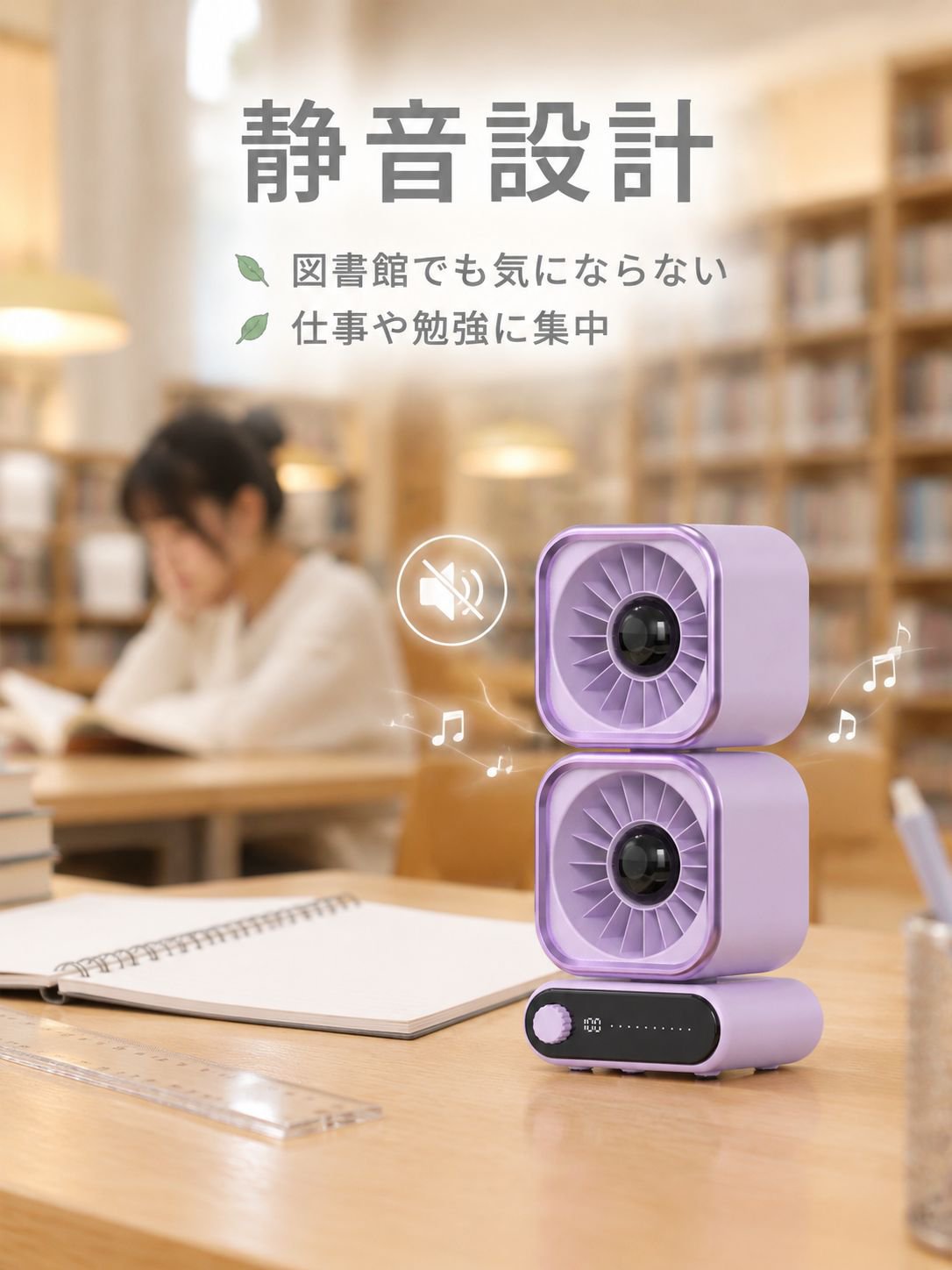 携帯型ダブルエアダクト静音大風量デスクファン
