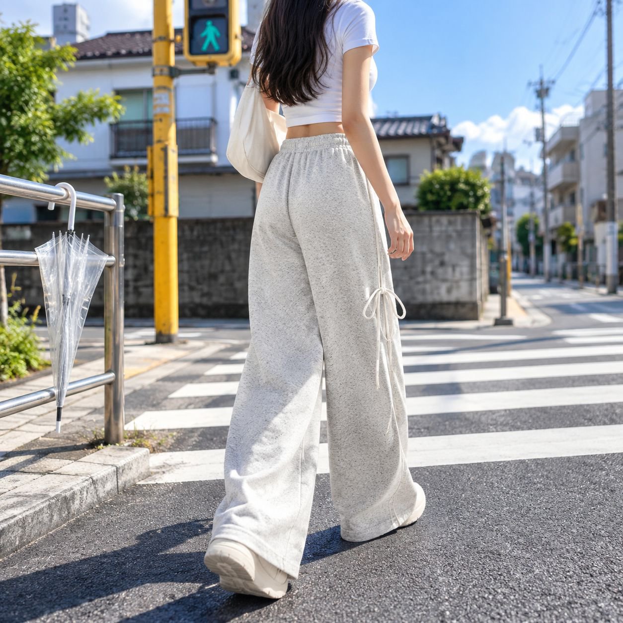 リボン付きドローストリングワイドレッグパンツ
