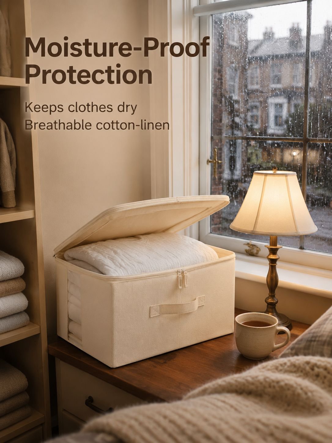 Foldable clothing organizer placed on a wardrobe shelf