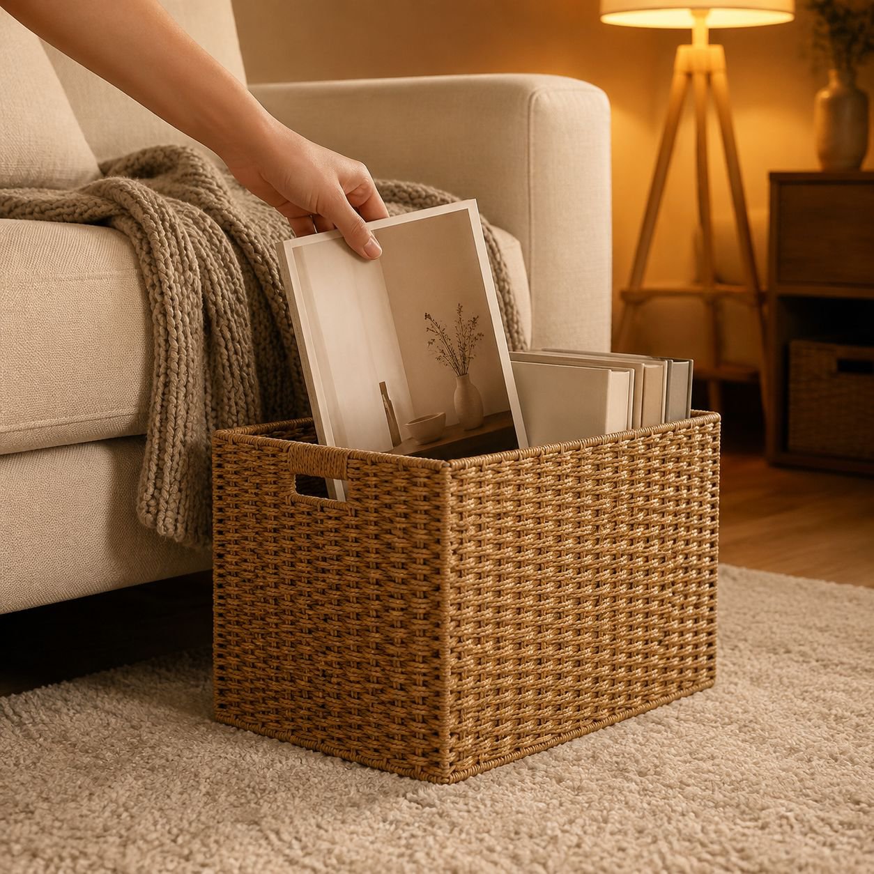 Iron Frame Storage Basket with Handle, Round and Rectangular Paper Rope Braided Basket
