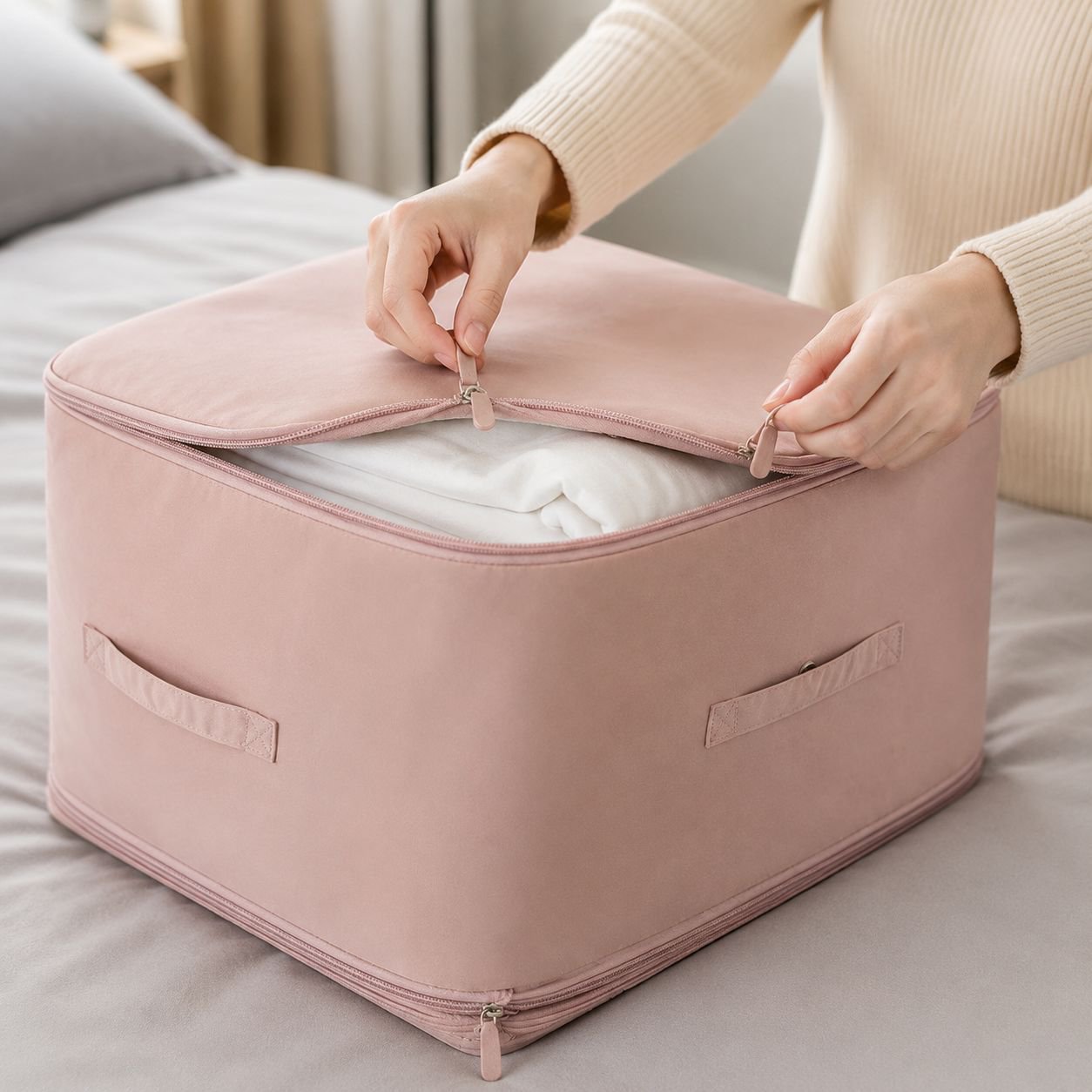Down jacket storage bag with zipper seal
