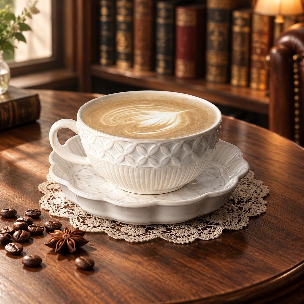 French-style embossed coffee cup and saucer set