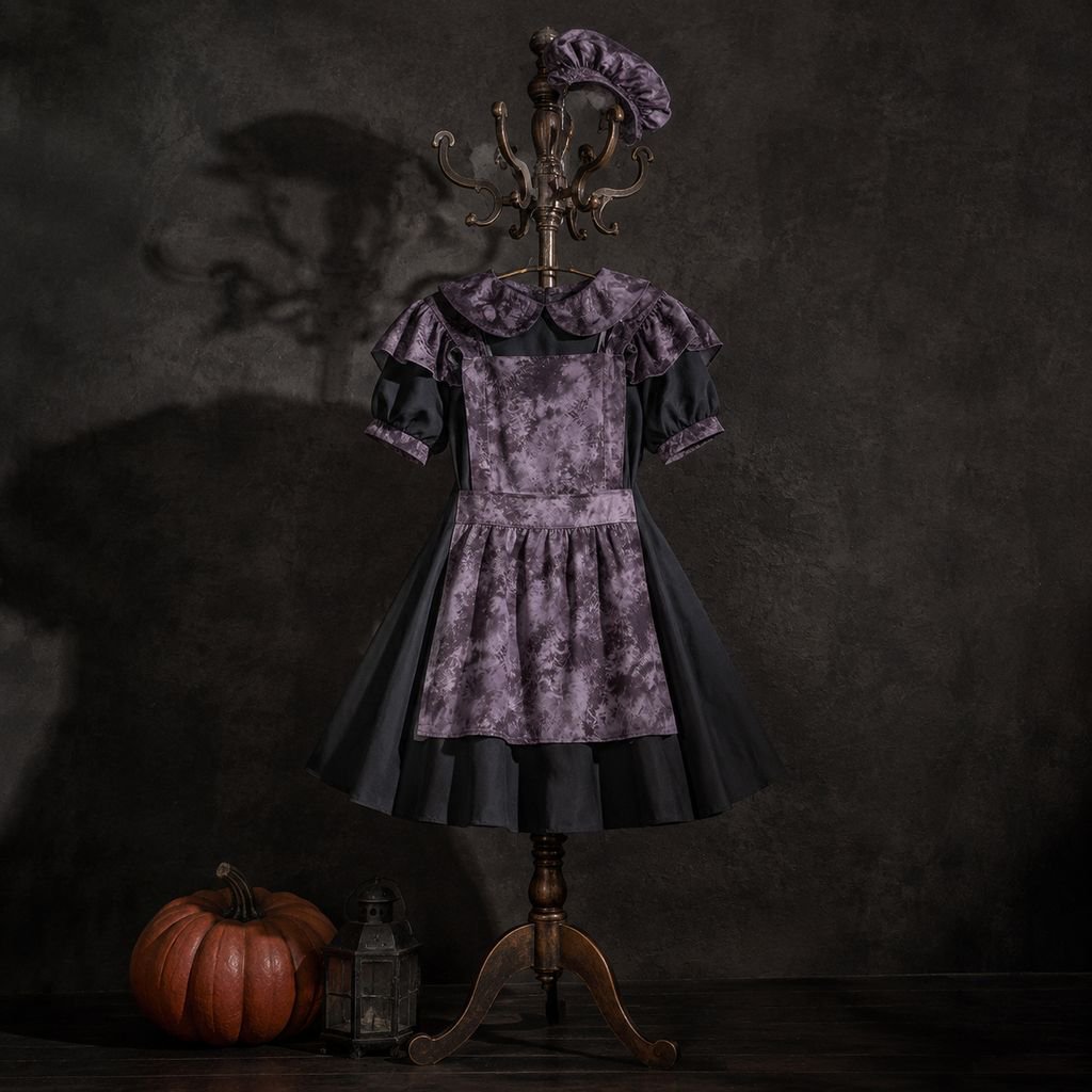 Halloween-Kostüme: Kürbishexenkostüm, Dienstmädchenkostüm, düsteres Gothic-Kleid.