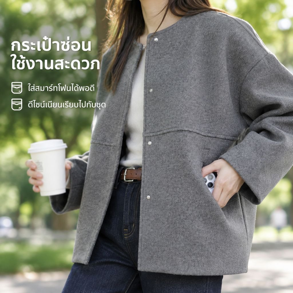 เสื้อครอปผ้าขนสัตว์คอกลมดีไซน์เก๋สำหรับผู้หญิง