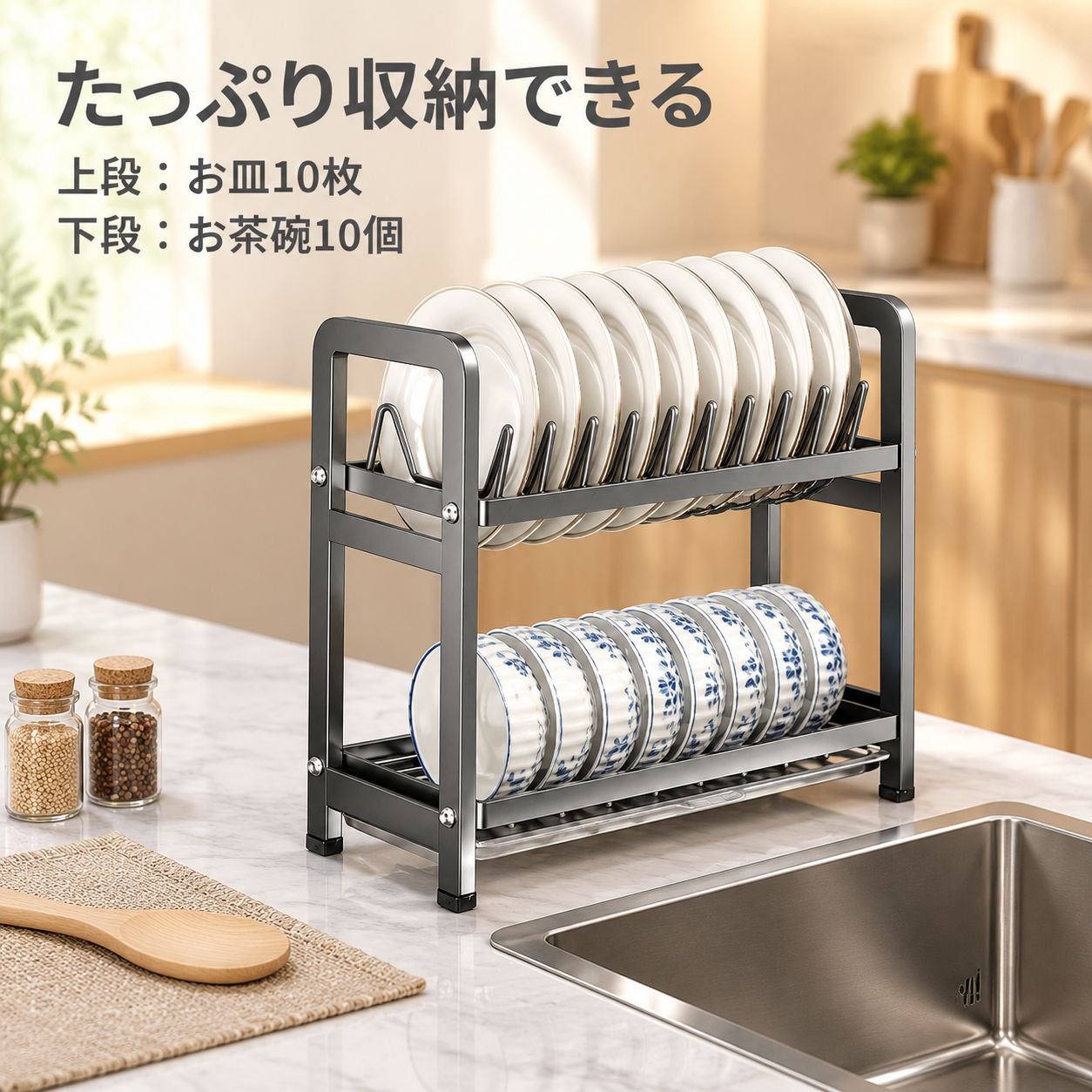 二段式キッチンカウンター用食器ラック