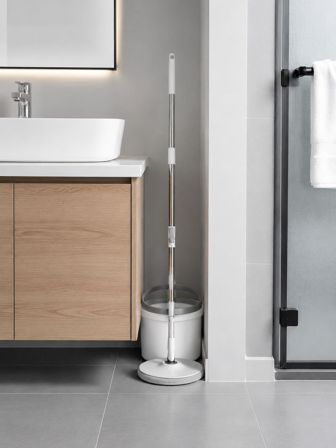 Household mop bucket with separate clean and dirty water compartments