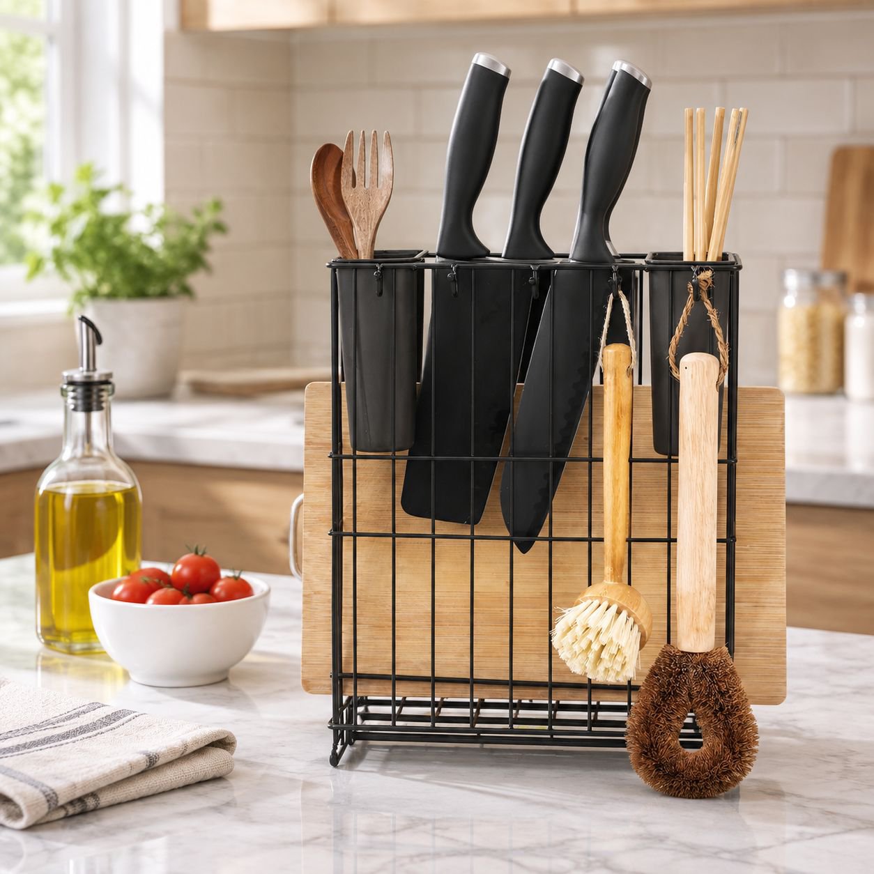Soporte para cucharas y set de tabla para picar