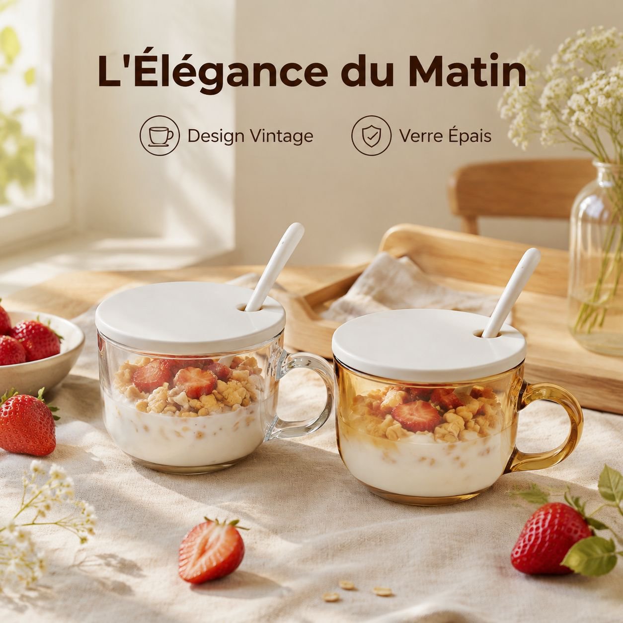Verre à petit-déjeuner grande capacité avec couvercle et cuillère