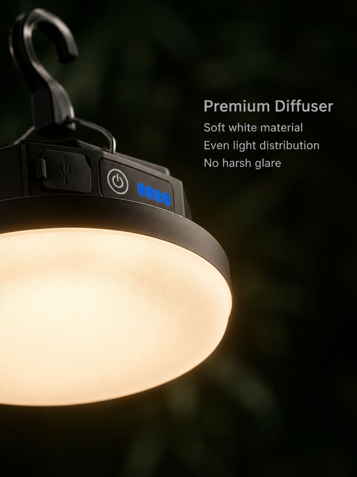 Portable LED tent lamp hanging inside a tent