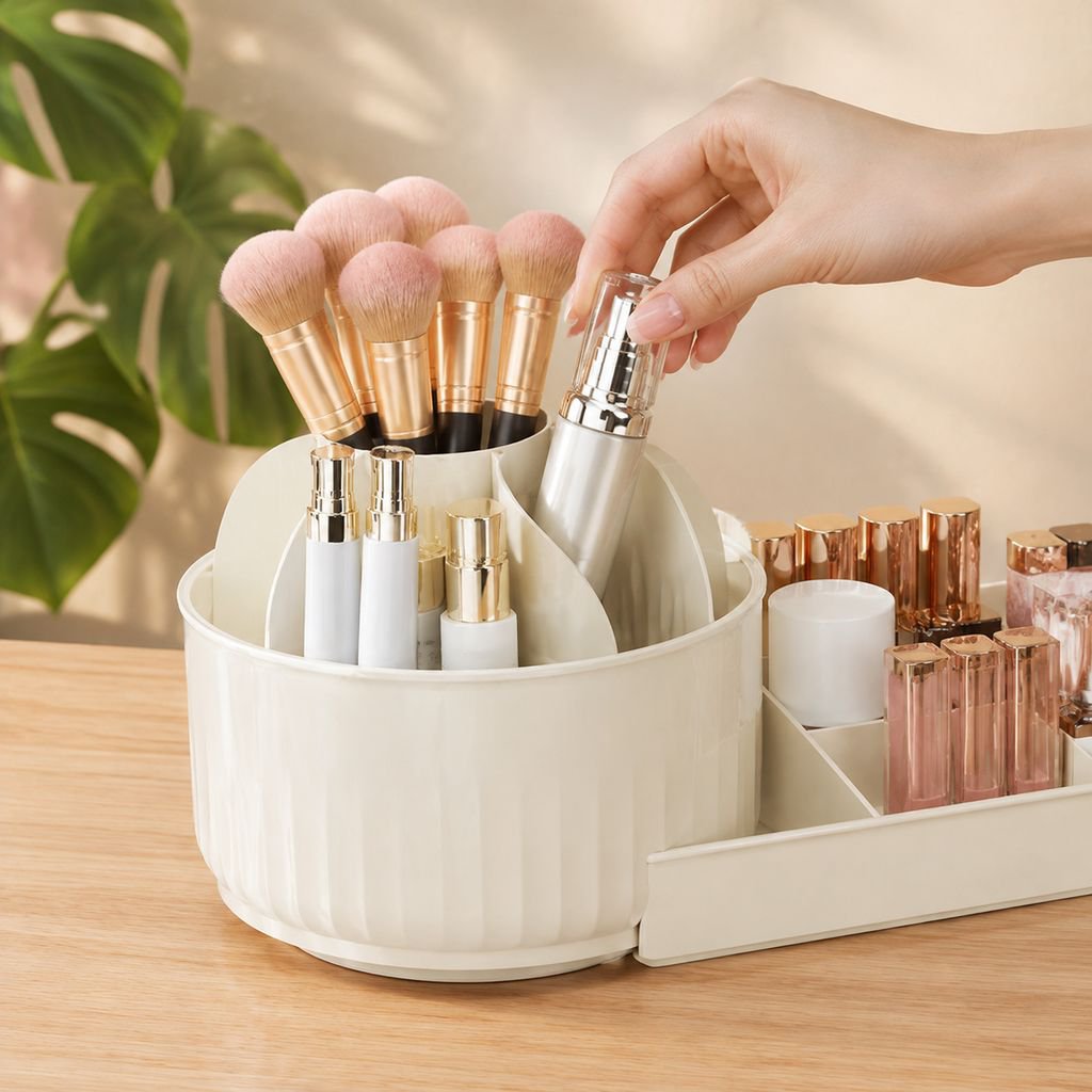 Multifunctional Desktop Makeup Storage Box with cosmetics inside
