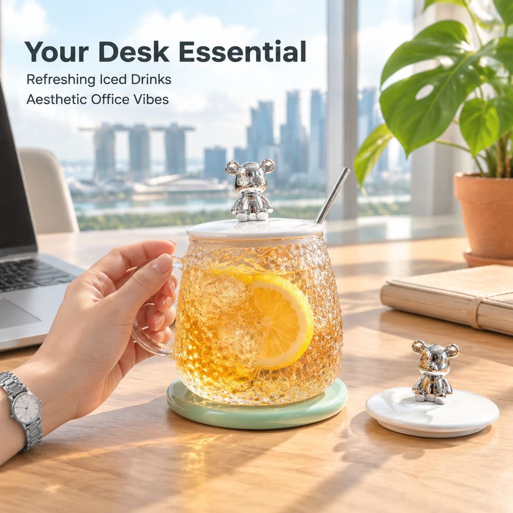 Glass Bear Mug with Lid, Large Belly