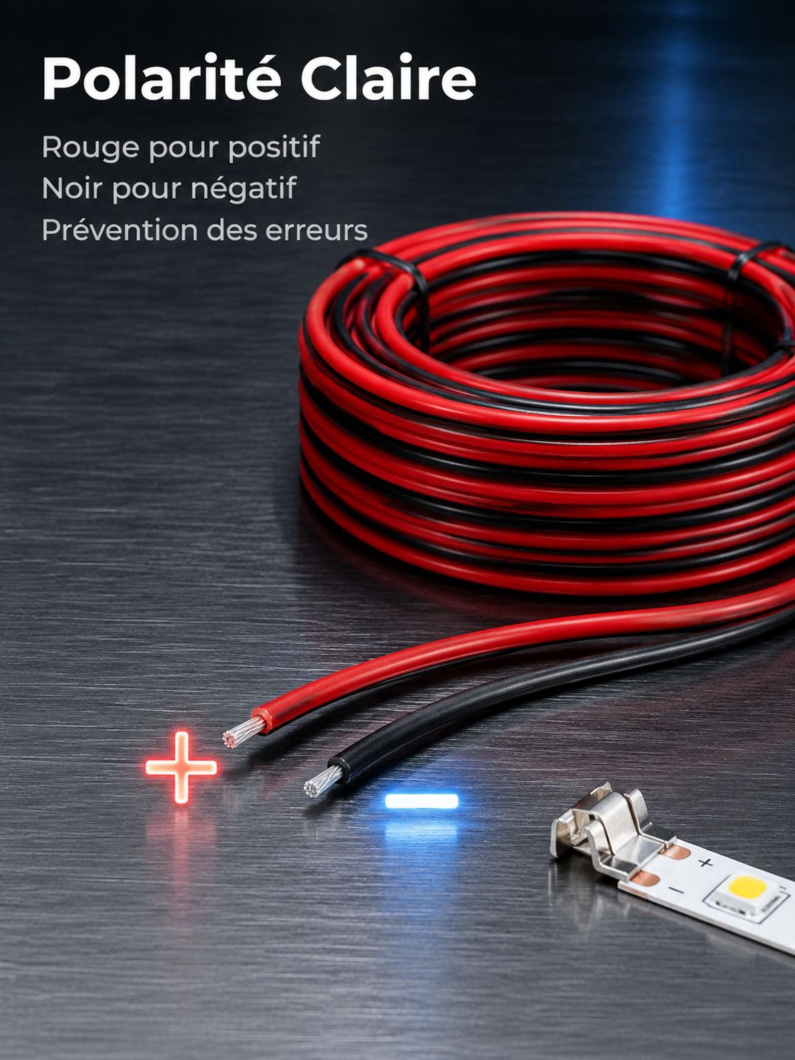 Câble double 2468 rouge et noir pour bande LED, PVC, petite bobine 30-16AWG