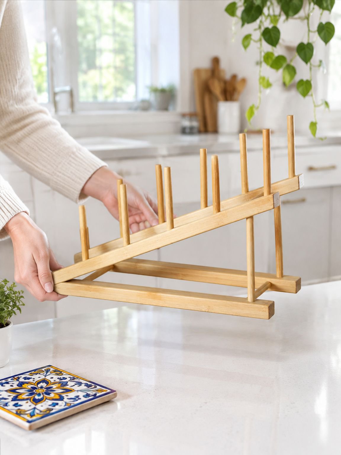 Escurridor y Organizador de Platos de Bambú para Cocina
