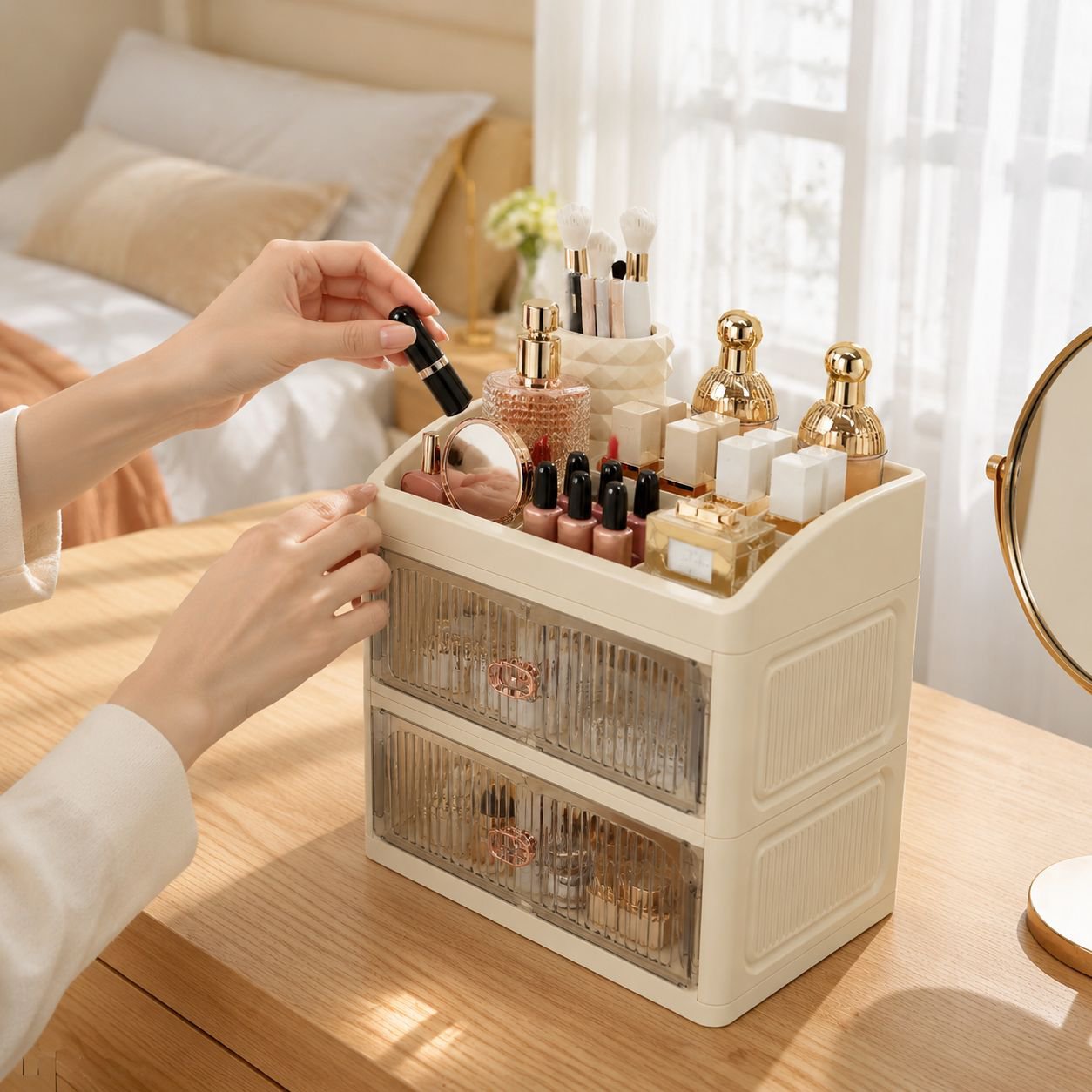 Multifunctional Cosmetic Organizer Shelf with makeup and brushes