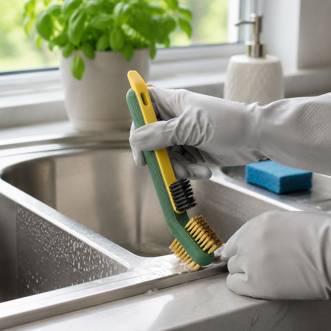 Multifunctional kitchen stove cleaning brush with scraper close up