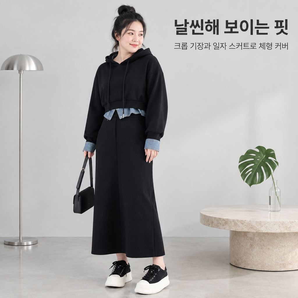 빅사이즈 여성 가을 후드 세트패션 트렌디한 날씬해 보이는 미디스커트 투피스