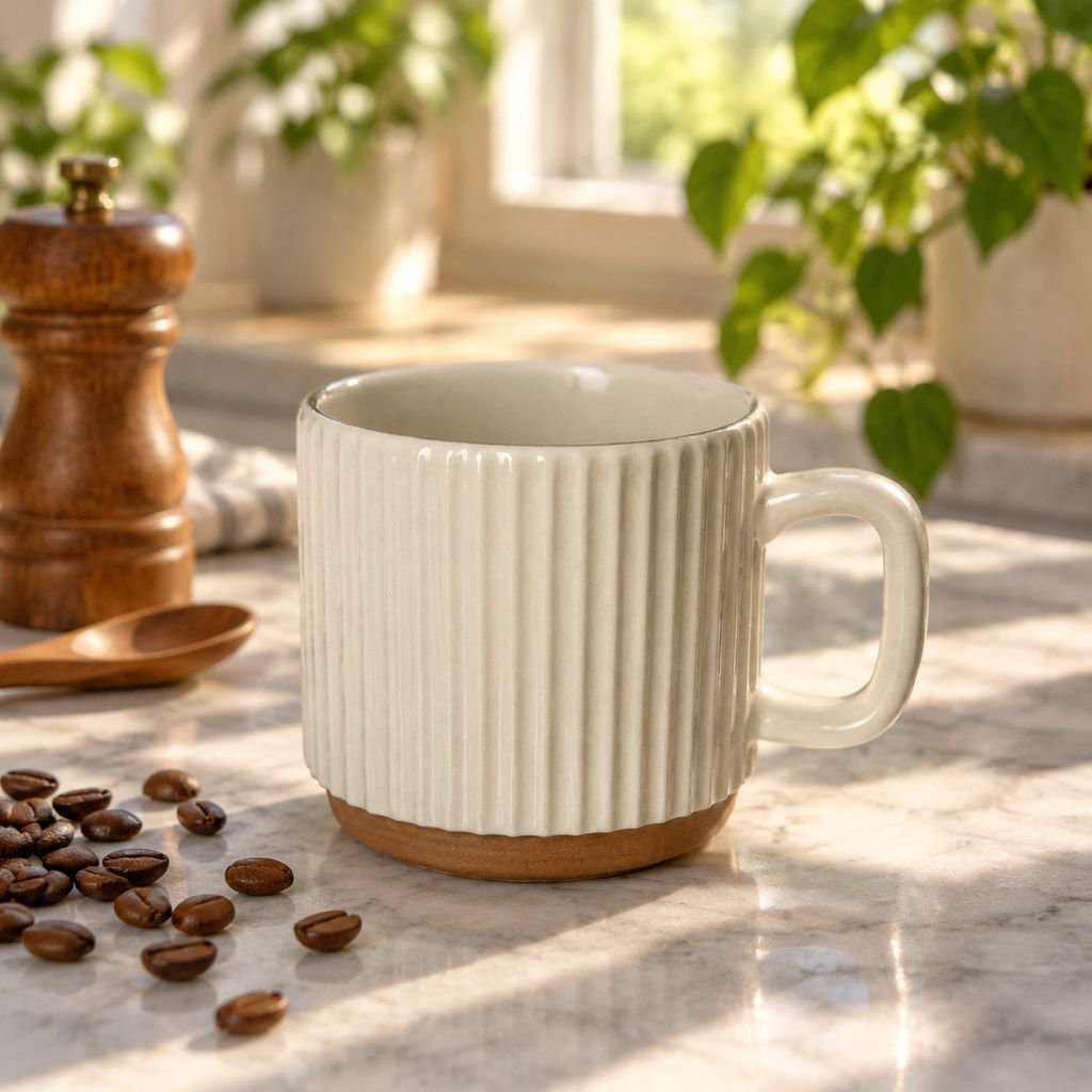 Taza apilable beige de alto diseño, taza de café latte vintage con relieve