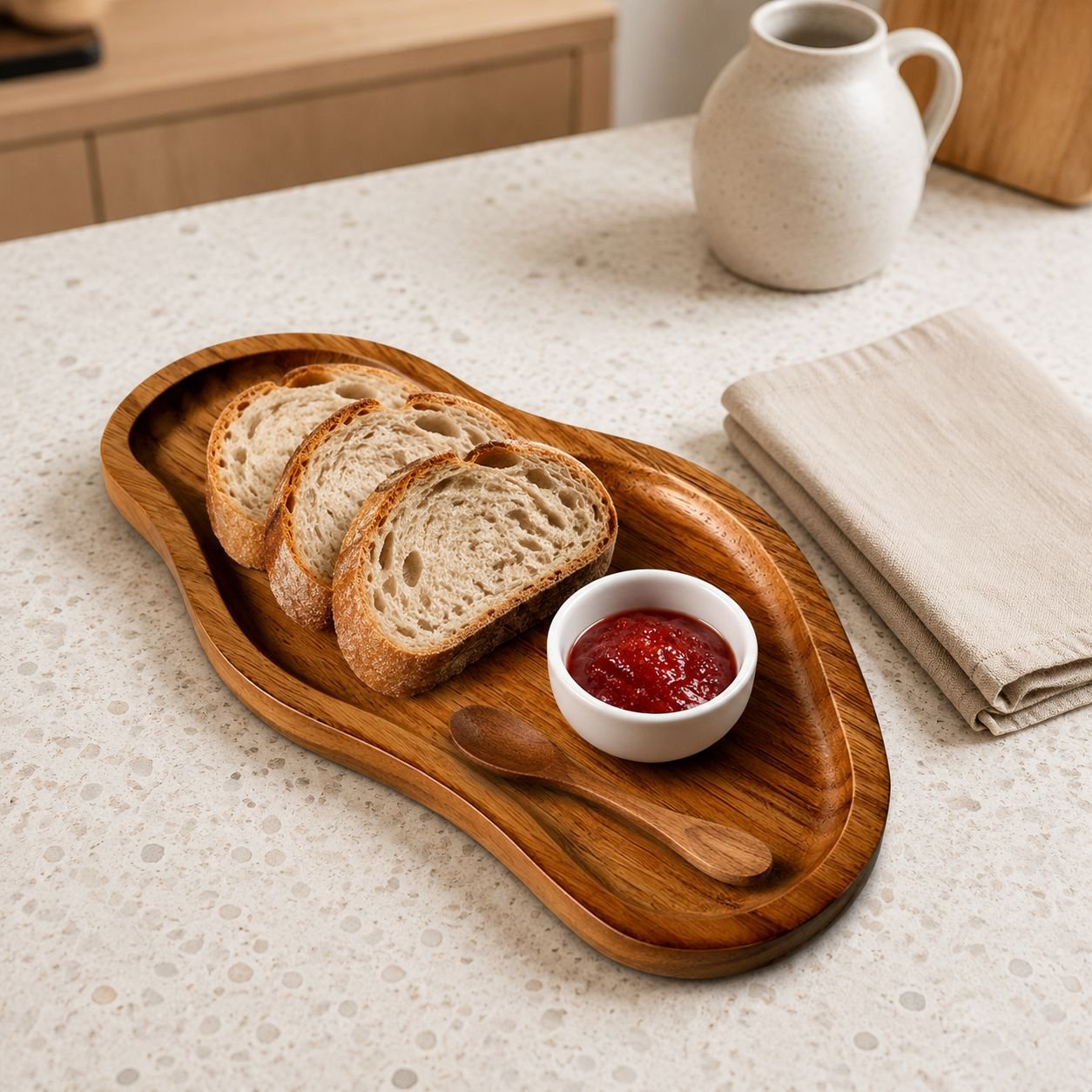 Peanut-shaped wooden tray filled with assorted nuts
