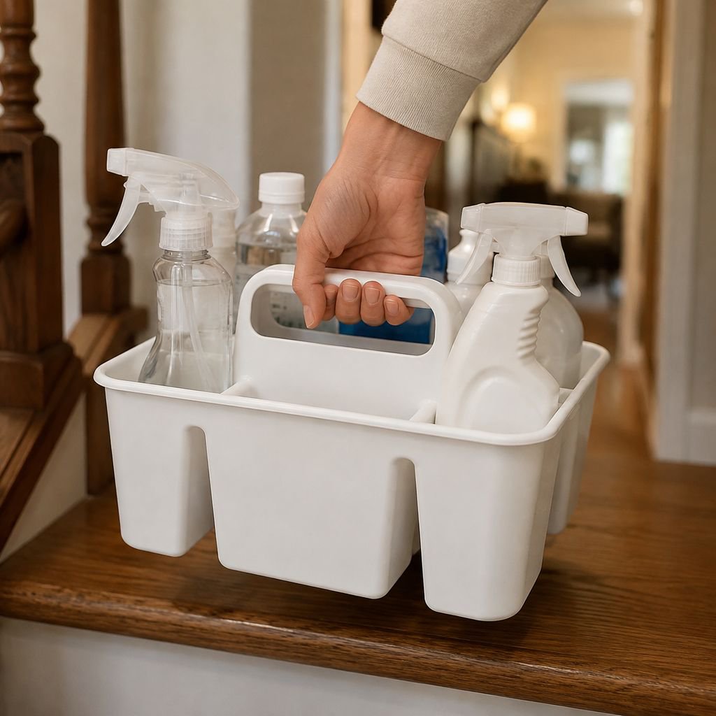Utility caddy carrying cleaning supplies